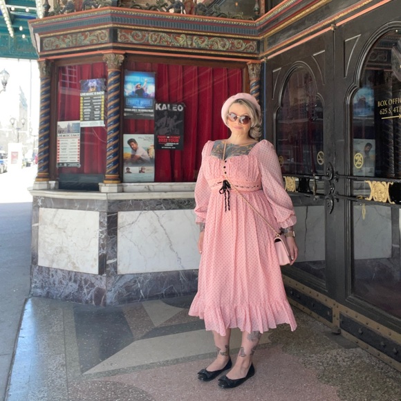 Pink Dot Vintage Sweetheart Neckline Empire Waist Cottage Fairy Dress - Picture 5 of 6